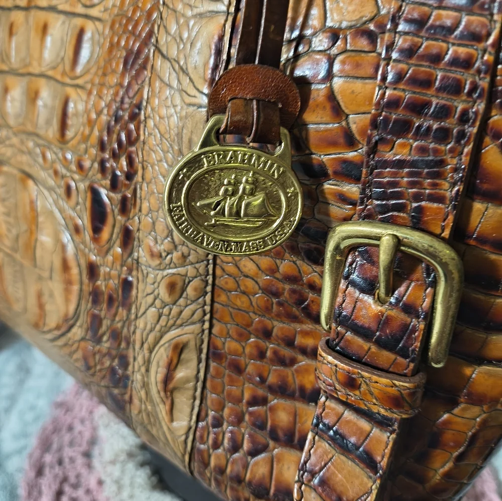 Brahmin Toasted Almond Collection Croc Embossed Leather Satchel Handbag